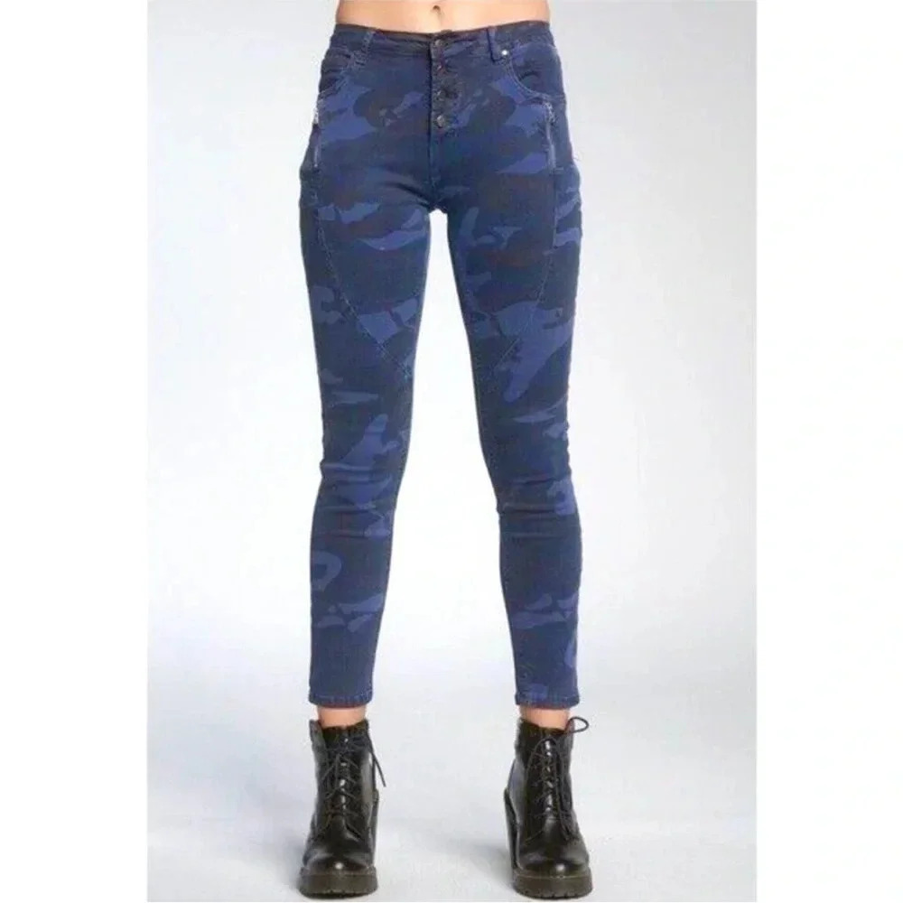 Elan Jeans Pants Camo Jayme Button Fly Navy Blue High Rise Women's Size S NEW